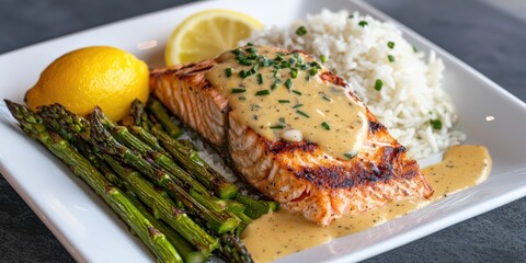 A beautifully plated seafood dish with grilled salmon, asparagus, and lemon butter sauce