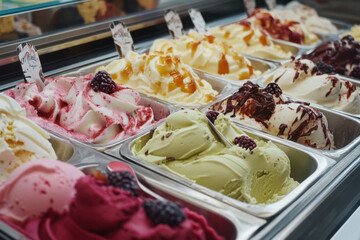 Display of various flavors of delicious gelato is being served in ice cream shop
