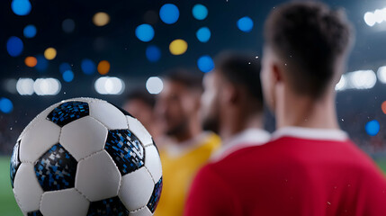 Soccer Player in Red Jersey Holding Football at Night Stadium