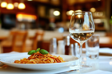 Delicious spaghetti with tomato sauce and basil served with white wine in restaurant setting