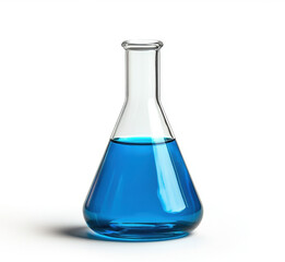 Blue liquid in laboratory glass flask on white table surface
