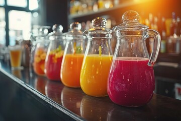 A vibrant assortment of colorful fruit juices in glass pitchers on a dark wooden bar surface, showcasing a variety of flavors and refreshing options.