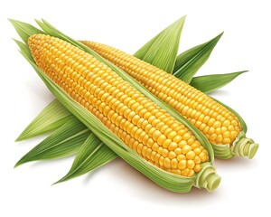 Obraz premium Golden Sweetcorn Ears Glistening, Plump Kernels Bursting With Summers Harvest, Nestled In Vibrant Green Husks Against A Bright White Background
