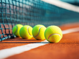 Bright yellow tennis balls on a clay court near the net