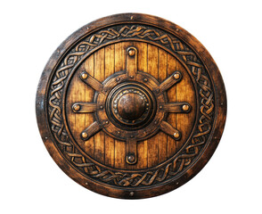 Detailed wooden shield with intricate patterns and metal accents