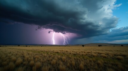 A storm brewing over an endless prairie, lightning (jagged, electric) illuminating distant rolling hills. Dark clouds swirl ominously in the vast, untamed sky.