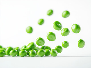 Green peas scattered and floating on a plain background
