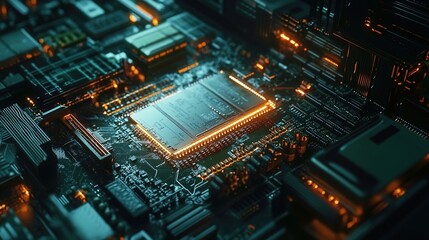 Obraz premium High-tech chip circuit board with glowing elements, close-up of microchips and motherboard components on the mainboard. 