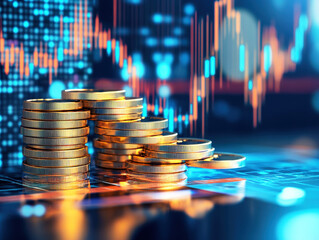 Financial growth illustrated through stacks of coins and stock charts