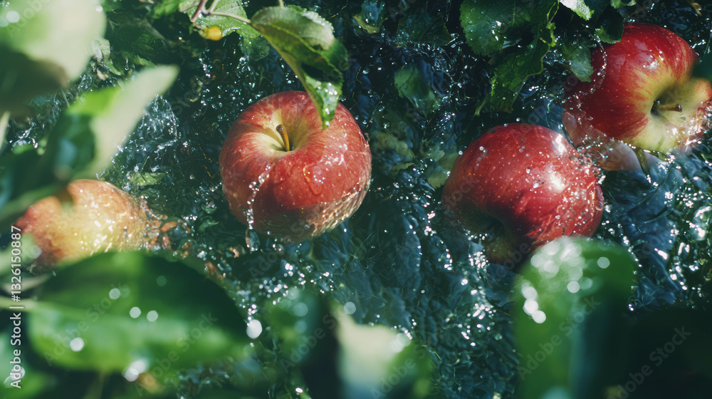 Poster freshness of apples with water droplets in natural setting