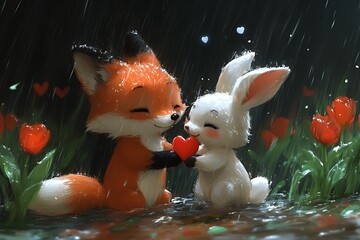 A cute fox and bunny sharing a red heart in the rain