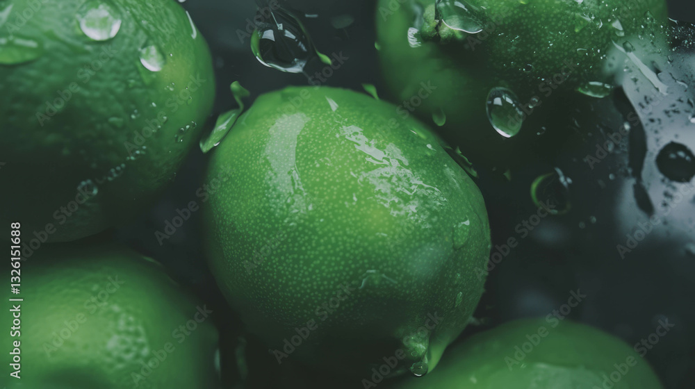 Poster refreshing overhead view of wet limes with water droplets for natural designs