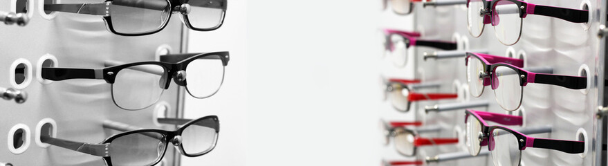 Glasses on a stand in a store, sale of optics