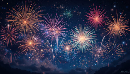 Colorful fireworks display in night sky, celebrating special occasions with vibrant bursts of light and joy