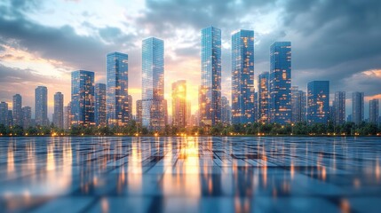 Cityscape at Sunset, Stunning Panorama of Modern Skyscrapers Reflected in a Tranquil Waterfront