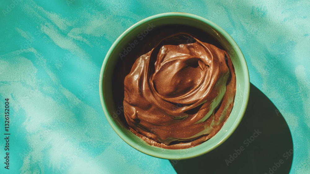 Aufkleber delicious overhead view of smooth chocolate mousse in green bowl on textured surface