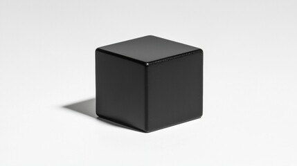 A black cube with a smooth surface and a slightly curved base.
