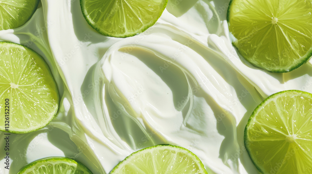 Poster fresh lime slices on creamy texture for culinary and summer themes