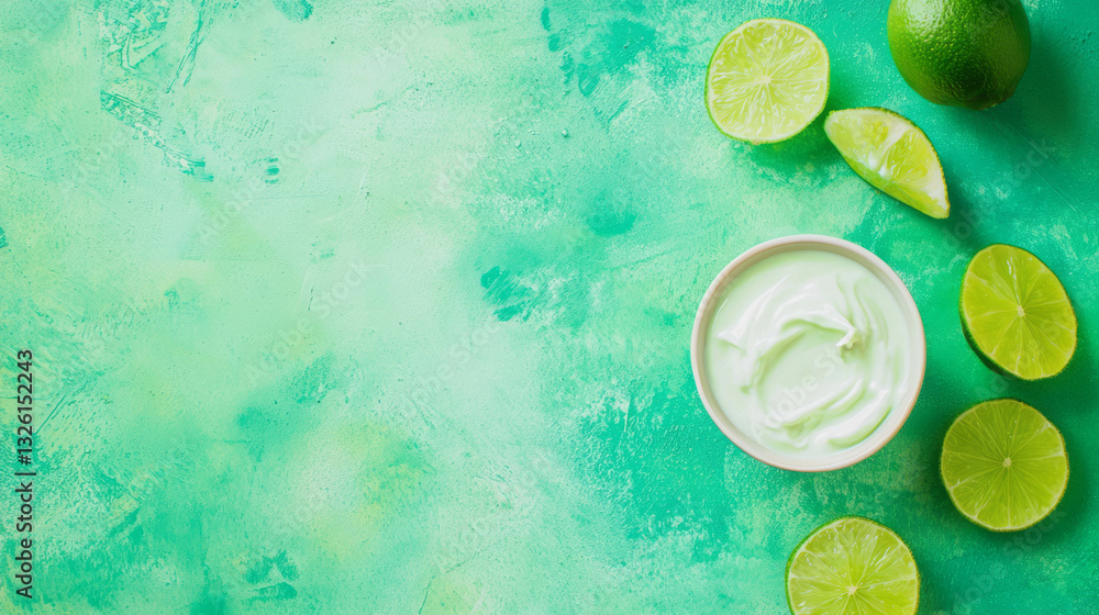 Aufkleber Refreshing overhead composition of key lime and cream on green background for design