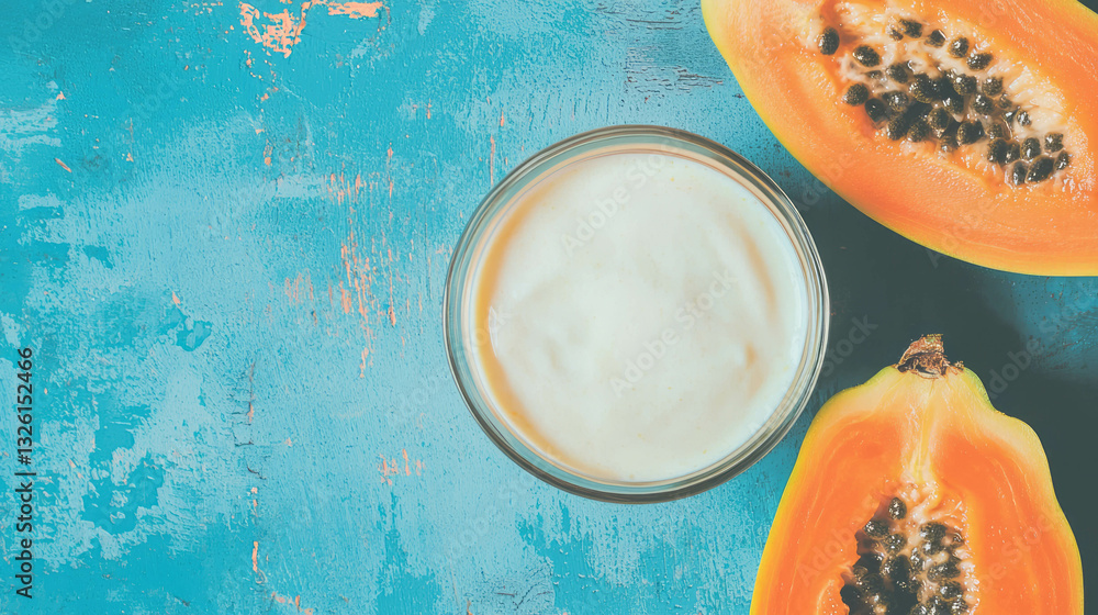 Poster overhead view of papaya and smoothie on rustic blue surface