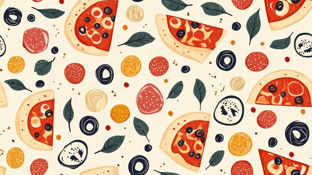 Seamless pattern with Colorful pattern of pizza and fruits.