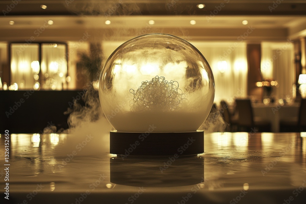 Poster an artistic display featuring a glass orb filled with decorative elements and white smoke, creating 