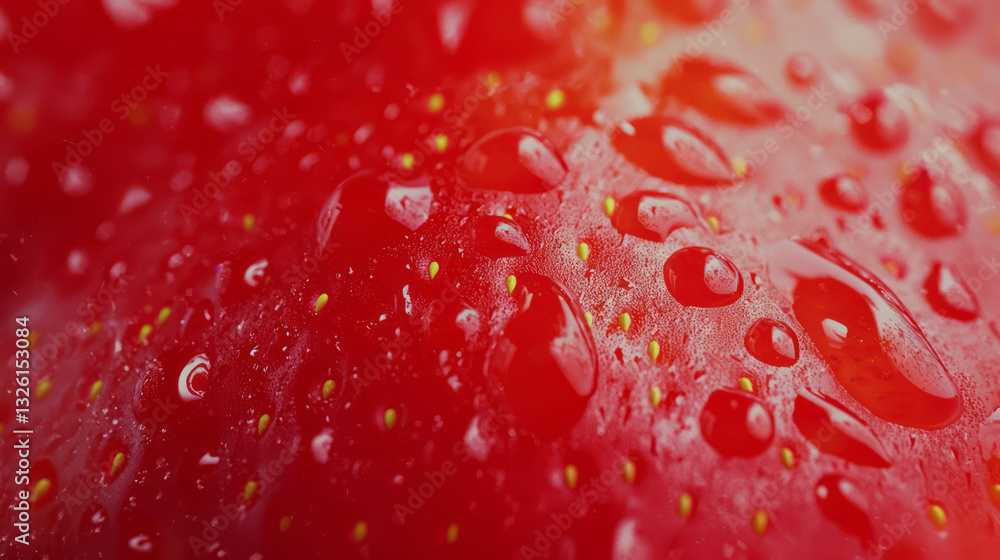 Poster close-up macro of fresh strawberry texture with water droplets