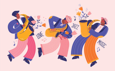 Jazz quartet. Group of musicians playing jazz on saxophones. Poster, placard and flyer templates for music festival, concert, event with musical instruments. Modern vector flat colors illustration