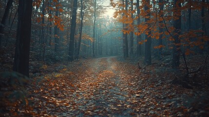 Fototapeta premium Autumnal forest path, sunlight filtering through the trees, misty atmosphere.