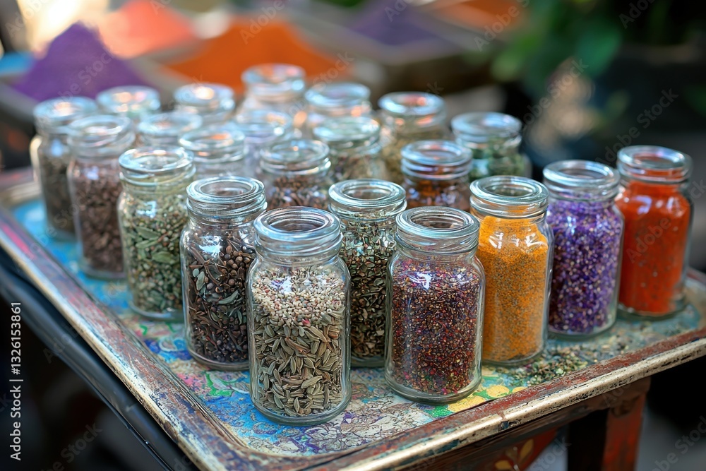 Poster a colorful array of spices and herbs beautifully arranged in glass jars on an ornate tray, creating 