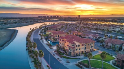 Aerial view of Carson California city skyline. Urban panorama with architectural landscape