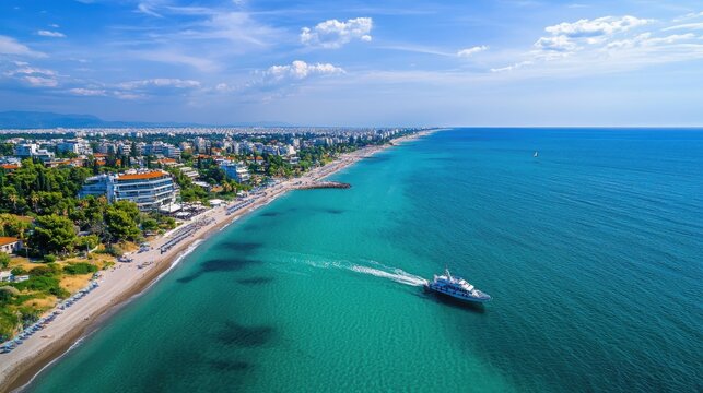 Aerial View of Glyfada: Seaside Port on Athens Riviera under Blue Skies