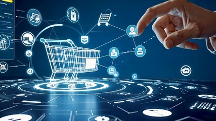Futuristic digital shopping interface with online purchasing and e-commerce technology in a connected global network

 - Powered by Adobe