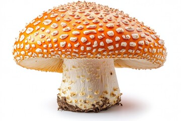 Obraz premium Isolated full shot of Fly Agaric Mushroom, vivid orange cap with white warts, on white background. Poisonous, autumn, fungi, Amanita muscaria, toadstool, wild.