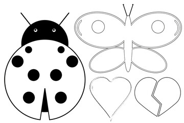 Black and white drawing, ladybug, heart, brocken Heart,butterfly, to color in, transparent