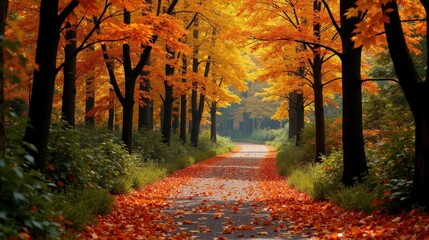 Fototapeta premium A tranquil autumn forest with a winding path blanketed in vibrant fallen leaves, warm golden hues filling the landscape as sunlight filters through the canopy above.