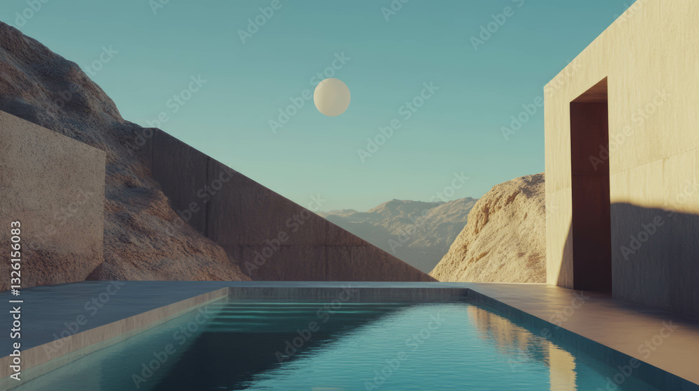 Poster minimalistic futuristic pool scene with geometric architecture under surreal sky