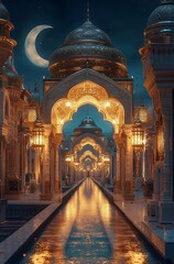 Obraz premium Lantern-Lit Palace Corridor with Crescent Moon Reflection