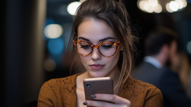 Woman multitasking corporate event man glasses smart phone highlights her intense concentration during business event, exuding sophistication
