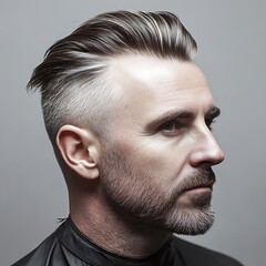 Obraz premium Man with Undercut Hairstyle and Neat Beard Facing Rightward with Grayish Tone Backdrop Portrait