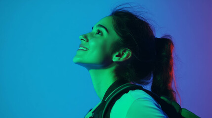Joyful serenity side profile portrait of a young person under colorful lighting