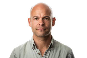 bald man smiling happily and confident, positive on transparent