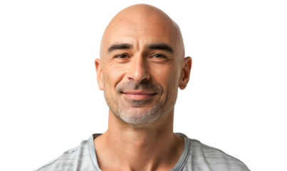 bald man smiling happily and confident, positive on transparent
