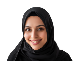 Portrait closeup of muslim woman in hijab smiling and looking at camera isolated on transparent background