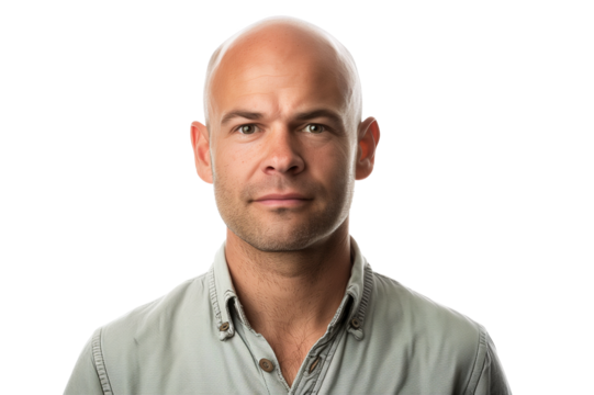 bald man smiling happily and confident, positive on transparent