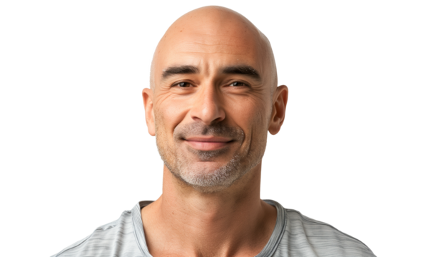 bald man smiling happily and confident, positive on transparent
