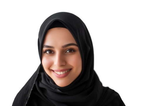 Portrait closeup of muslim woman in hijab smiling and looking at camera isolated on transparent background