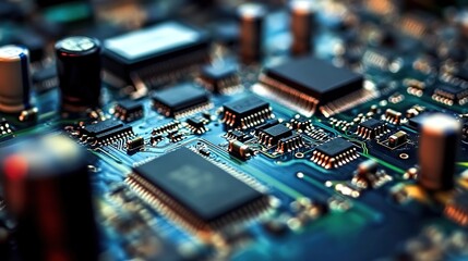 Obraz premium Close-up of an electronic circuit board with various components and devices, such as wires, LEDs, crystals, and battery parts.