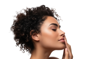 Close up beauty portrait of a beautiful woman applying face cream and looking away isolated over transparent background