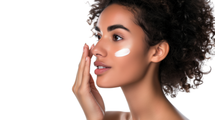 Close up beauty portrait of a beautiful woman applying face cream and looking away isolated over transparent background